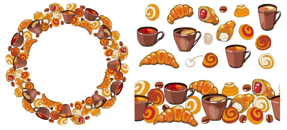 Set of hand drawn elements. Coffee and tea cups, coffee beans, croissants and Stock Illustration