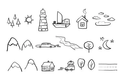 A set of hand-drawn elements for coloring kids. Vector illustration. Illustrazione stock