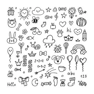 Set of hand drawn elements. Cute doodle art. Children drawing. Drawings in .. 스톡 일러스트