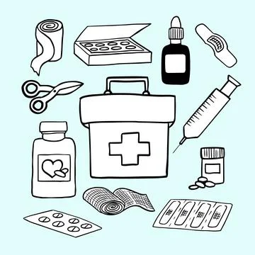 Set of hand drawn elements of first aid kit. Doodle style medicine chest vect Illustrazione stock