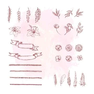 Set of hand drawn elements flower, feathers, ribbons, canvas, leaves and bran Stock Illustration