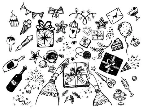 Set of hand drawn elements for the holiday. Doodle illustration of a birthday Illustrazione stock
