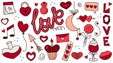 Set hand drawn elements themed for Valentines Day or weddings Illustrazione stock