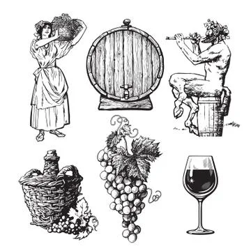 Set of hand drawn elements for wine design. Beautiful peasant woman carrying Stock Illustration