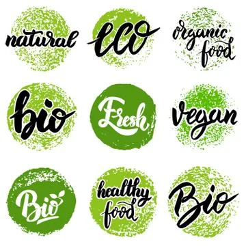 Set of hand drawn emblems. Eco food, organic food, bio, vegan, n Stock Illustration