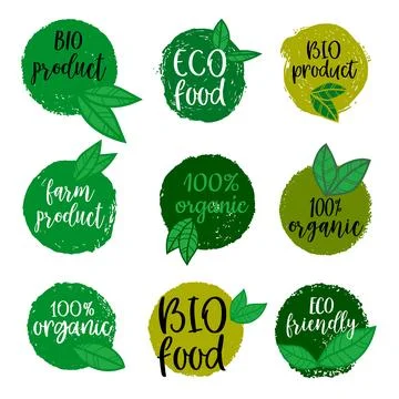 Set of hand drawn emblems with organic food, eco food, fresh, natural, glut.. Illustrazione stock