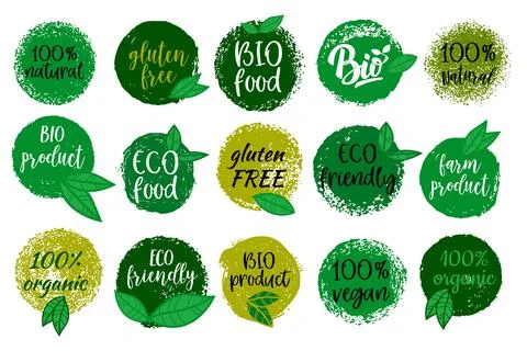 Set of hand drawn emblems with organic food, eco food, fresh, natural, glut.. Stock Illustration