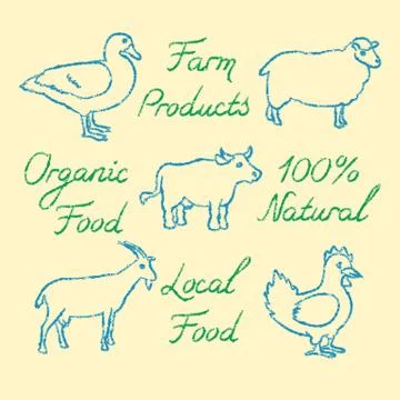 Set of hand drawn farm animals icons and lettering Stock Illustration