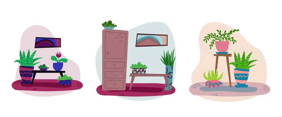 Set of hand-drawn flat interiors with house plants. Stock Illustration