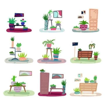 Set of hand-drawn flat interiors with house plants. Stock Illustration