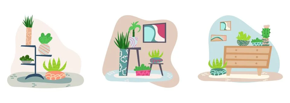 Set of hand-drawn flat interiors with house plants. Stock Illustration