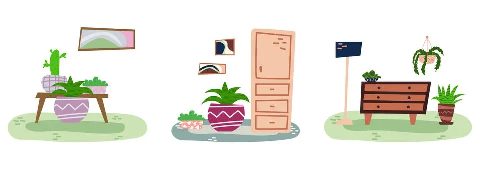 Set of hand-drawn flat interiors with house plants. Stock Illustration