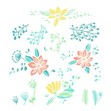 Set of hand drawn floral compositions and elements Stock Illustration