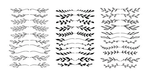 Set hand drawn floral elements isolated doodle line style. Outline silhouette 库存插图