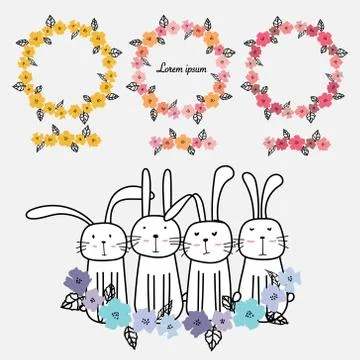 Set Of Hand Drawn Floral Frames Card Decoration And Cute Bunny. Stock Illustration