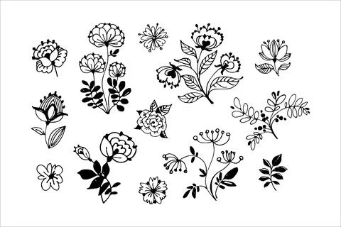 Set of hand drawn floral vector with leaves, flowers and branches. Vector set Stock Illustration