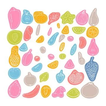 Set of hand drawn fruit and berries icons. Summer coloured fruit collection.. Stock Illustration