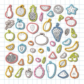 Set of hand drawn fruit and berries icons. Summer coloured fruit collection.. Stock Illustration