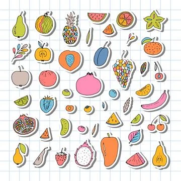 Set of hand drawn fruit and berries icons. Summer coloured fruit collection.. Stock Illustration