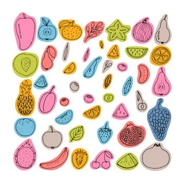 Set of hand drawn fruit and berries icons. Summer fruit collection. Sketch,.. Stock Illustration