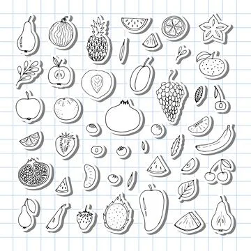 Set of hand drawn fruit and berries icons. Summer fruit collection. Sketch,.. Stock Illustration