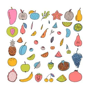 Set of hand drawn fruit and berries icons. Summer coloured fruit collection.. Stock Illustration