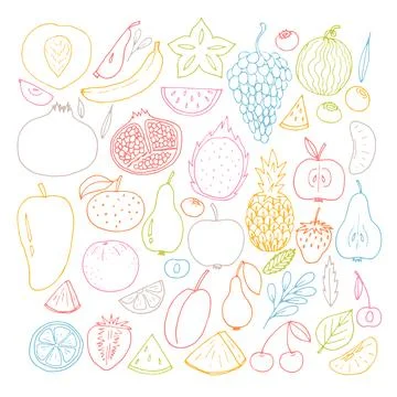 Set of hand drawn fruit and berries icons. Summer fruit collection. Sketch,.. Stock Illustration