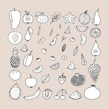 Set of hand drawn fruit and berries icons. Summer fruit collection. Sketch,.. Stock Illustration