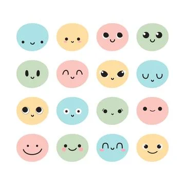 Set of hand drawn funny cartoon faces. Sketch facial expressions set. Happy.. Stock Illustration
