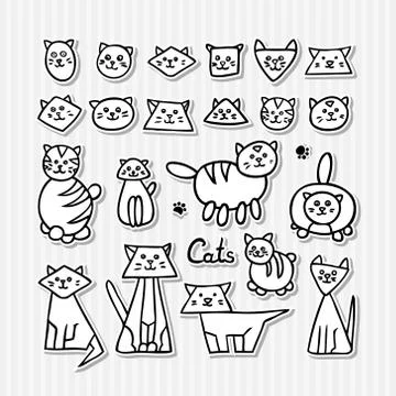 Set of hand drawn funny cats on grey striped background Stock Illustration