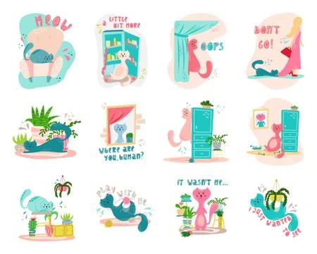 Set of hand-drawn funny cats that are naughty at home. Stock Illustration
