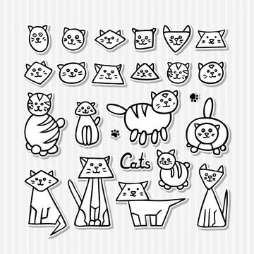Set of hand drawn funny cats on grey striped background. Set of hand drawn... Foto stock