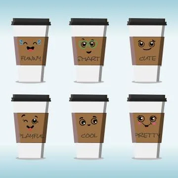 Set of hand-drawn funny coffee cups with different emotions and different Stock Illustration