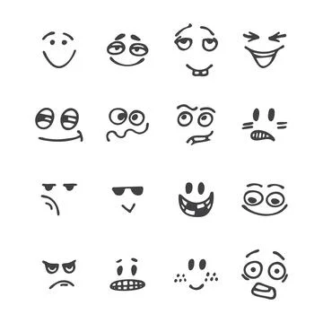 Set of hand drawn funny faces. Happy faces. Different emotions. Sketched fa.. Stock Illustration