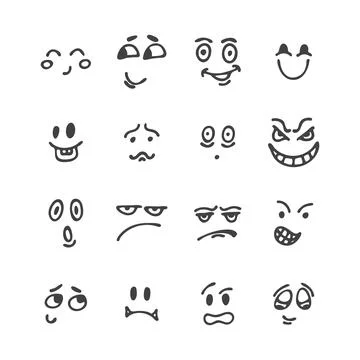 Set of hand drawn funny faces. Happy faces. Sketched facial expressions set.. Stock Illustration