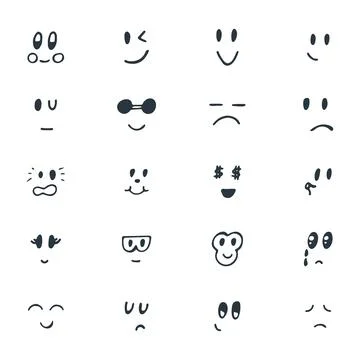 Set of hand drawn funny smiley faces. Sketched facial expressions set Stock Illustration