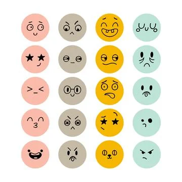 Set of hand drawn funny smiley faces. Emoji icons. Sketched facial expressi.. Stock Illustration