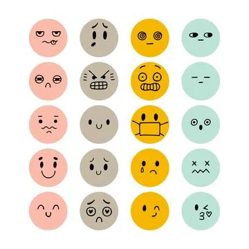 Set of hand drawn funny smiley faces. Happy kawaii style. Sketched facial e.. Stock Illustration