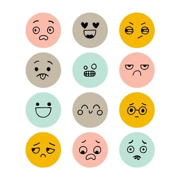 Set of hand drawn funny smiley faces. Kawaii style. Sketched facial express.. Stock Illustration