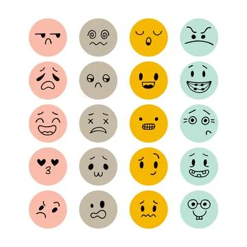 Set of hand drawn funny smiley faces. Sketched facial expressions set. Coll.. Stock Illustration