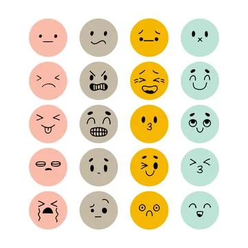 Set of hand drawn funny smiley faces. Sketched facial expressions set. Coll.. Stock Illustration