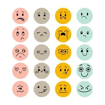 Set of hand drawn funny smiley faces. Sketched facial expressions set. Emoj.. Stock Illustration