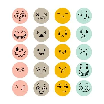 Set of hand drawn funny smiley faces. Sketched facial expressions set. Emoj.. Stock Illustration