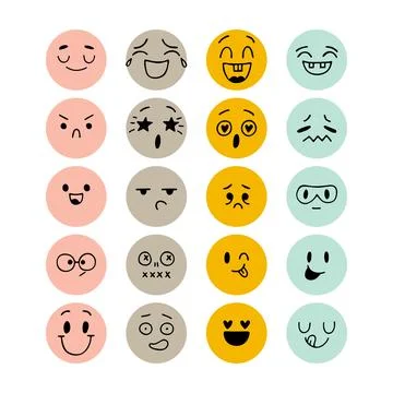Set of hand drawn funny smiley faces. Sketched facial expressions set. Happ.. Stock Illustration