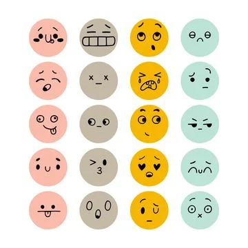 Set of hand drawn funny smiley faces. Sketched facial expressions set. Happ.. Stock Illustration