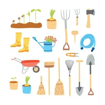 Set of hand drawn garden elements. Cartoon flat illustration of farm equipm.. Stock Illustration