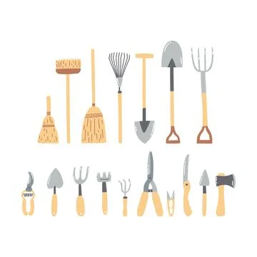 Set of hand drawn garden tools, agricultural items, farm equipment Stock Illustration