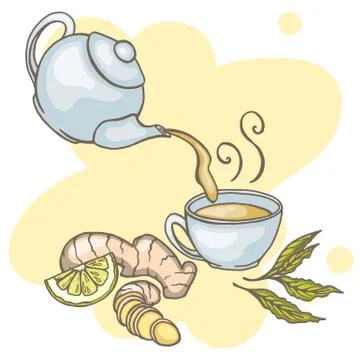 Set of hand drawn ginger tea elements. Vector illustration Stock Illustration