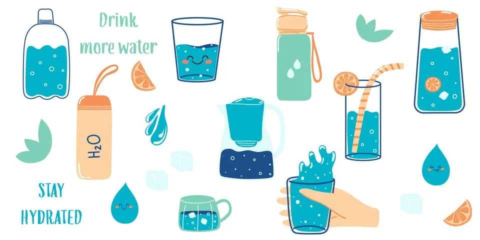 Set of hand drawn glass, bottle with water. Concept of drinking more water Stock Illustration