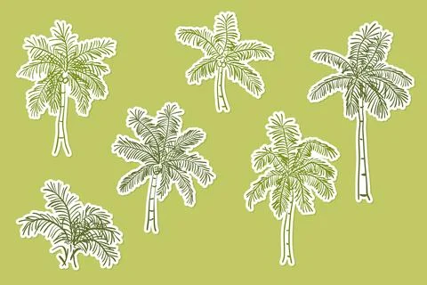 Set of hand drawn green palm tree stickers with white borders on a lime bac.. 스톡 일러스트